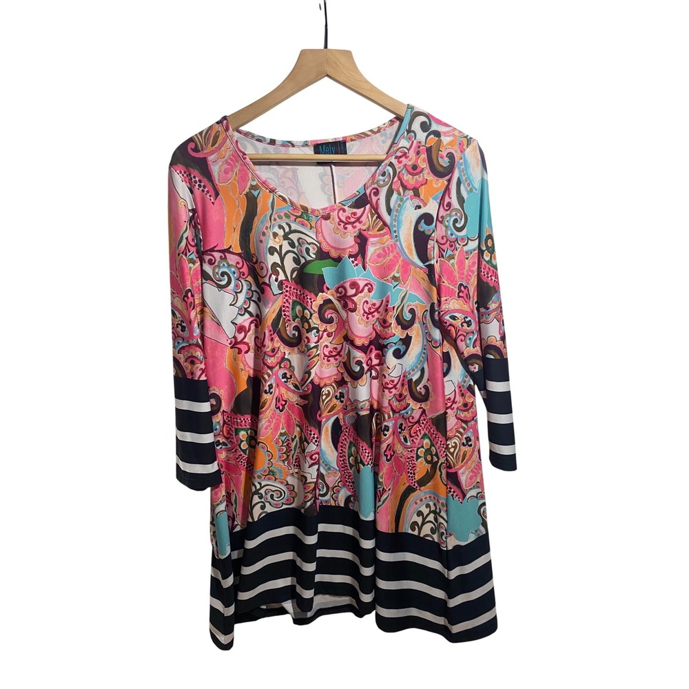 Mely New York Tunic Top Women Medium Multi Color Excellent Paisley Striped 3/4